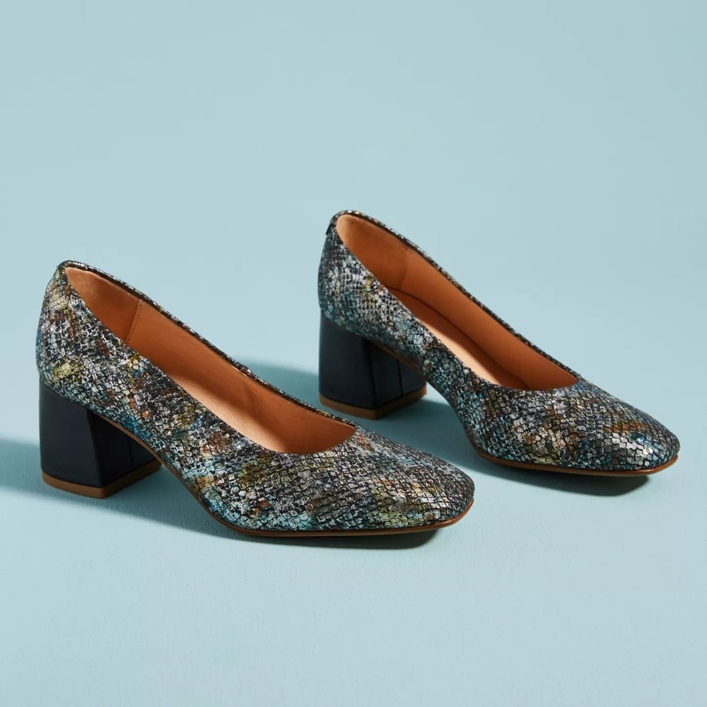 Womens Shine Heels Square Toe‎ Metallic Snakeskin Pump Shoes Size 38 / US 7.5